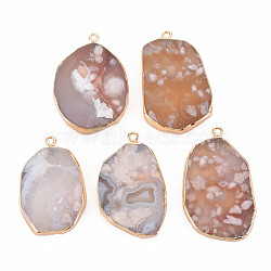 Natural Cherry Blossom Agate Pendants, with Light Gold Plated Iron Findings, Dyed & Heated, Nuggets, BurlyWood, 46~57x29.5~35x6~7mm, Hole: 2mm(G-N326-125-03LG)