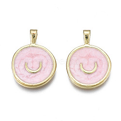 Rack Plating Alloy Enamel Pendants, Lead Free & Cadmium Free, Flat Round with Smile, Pink, 24.5x18x5.5mm, Hole: 3x4mm(ENAM-T012-08)