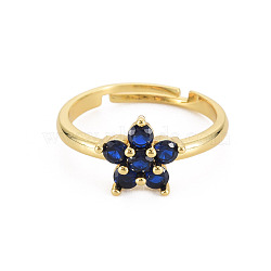 Glass Flower Adjustable Ring, Real 18K Gold Plated Brass Jewelry for Women, Cadmium Free & Lead Free, Dark Blue, US Size 7 1/4(17.5mm)(RJEW-S049-018G-02)