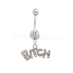 Platinum Plated Piercing Jewelry Brass Cubic Zirconia Navel Ring Navel Ring Belly Rings, with 304 Stainless Steel Bar, Word Bitch, 23x40mm, Bar Length: 3/8"(10mm), Bar: 14 Gauge(1.6mm)(AJEW-EE0001-07)