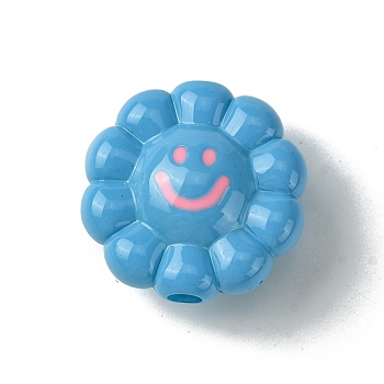 Dopamine Style Opaque Acrylic Beads, Flower with Smiling, Deep Sky Blue, 23.5x24x11.5mm, Hole: 3.5mm