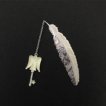 Constellation Key Pendant Bookmark, Luminous Platinum Tone Alloy Feather Shape Bookmark, Glow in The Dark Bookmark, Virgo, 115mm