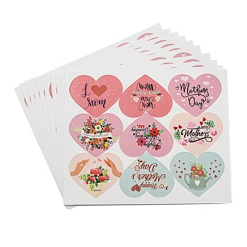 Mother's Day Paper Sticker, Self-adhesion, for Suitcase, Skateboard, Refrigerator, Helmet, Mobile Phone Shell, Mixed Color, Heart, 108x131x0.2mm, Heart: 32.5x40mm, 9 style/pc, 10 pcs/set