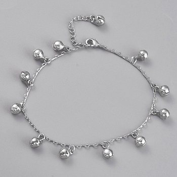 Brass Bell Charm Anklets, with Cable Chains and Lobster Claw Clasps, Platinum, 8-1/8 inch(20.7cm)