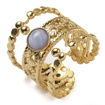 Synthetic Blue Lace Agate Finger Rings, 304 Stainless Steel Multi-layer Open Cuff Rings, Real 18K Gold Plated, 19.5mm, Adjustable