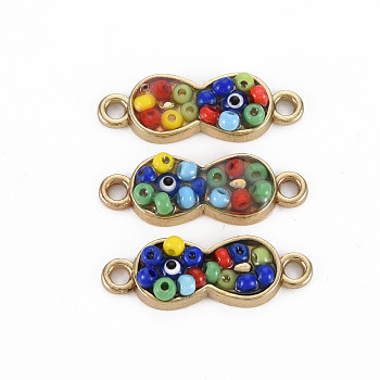 Alloy Links Connectors, with Glass Seed Beads and Rhinestone, Light Gold, Infinity, Colorful, 22x8x3.5mm, Hole: 1.8mm