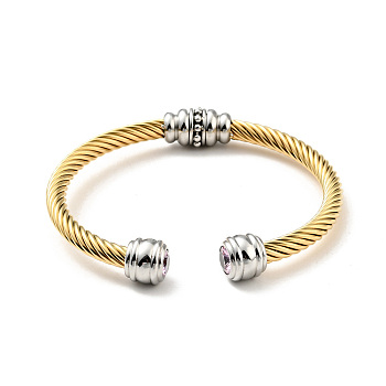 Rhinstone Open Cuff Bangle, Golden 304 Stainless Steel Jewelry for Women, Light Amethyst, Inner Diameter: 2-1/4 inch(5.65cm)