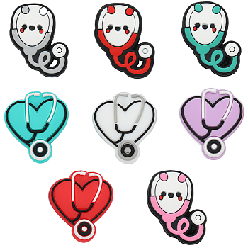 8Pcs 8 Style Stethoscope Food Grade Eco-Friendly Silicone Beads, Chewing Beads For Teethers, DIY Nursing Necklaces Making, Mixed Color, 30~30.5x25~27x8~9mm, Hole: 2~2.5mm, 1pc/style