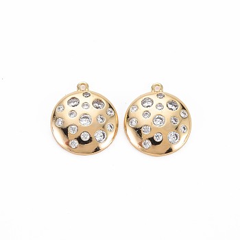 Brass Micro Pave Clear Cubic Zirconia Pendants, Nickel Free, Flat Round, Real 18K Gold Plated, 15.5x13.5x2.5mm, Hole: 1mm