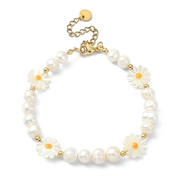 Flower Natural Pearl & Shell Beaded Bracelets for Women, with 304 Stainless Steel Finding, Golden, 7-7/8 inch(20cm)
