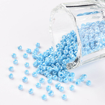 (Repacking Service Available) Glass Seed Beads, Opaque Colors Lustered, Round, Light Cyan, 8/0, 3mm, Hole: 1mm, about 12g/bag
