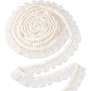 Polyester Ruffles Ribbon, with Plastic Imitation Pearl, White, 1-1/2 inch(38mm), Bead: 7mm in diameter, 4 yards/bundle