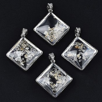 Transparent Glass Rhombus Pendants, with Citrine Chip Beads Inside and Brass Findings, Platinum, Clear, 47x43x16mm, Hole: 9mm