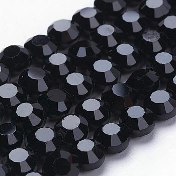 Glass Beads Strands, Faceted, Flat Round, Black, 6x4mm, Hole: 1mm, about 72pcs/strand, 15.7 inch