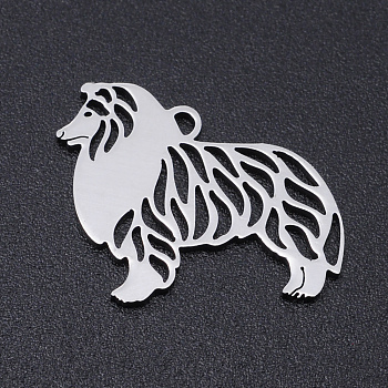 201 Stainless Steel Dog Pendants, Laser-Cut, Hollow, Rough Collie, Stainless Steel Color, 15x20x1mm, Hole: 1mm
