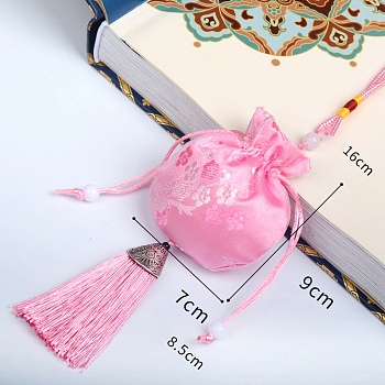 Brocade Flower Drawstring Bags with Tassel, Sachet Floral Pouches for Jewelry Storage, Pearl Pink, 9x7cm