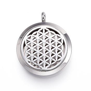 316 Surgical Stainless Steel Diffuser Locket Pendants, Spiritual Charms, with Perfume Pad and Magnetic Clasps, Flower of Life/Sacred Geometry, Stainless Steel Color, Mixed Color, 36.5~37x30x6~6.5mm, Hole: 5mm, inner diameter: 23mm