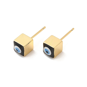 Long-Lasting Plated Cube with Enamel Evil Eye Stud Earring, Real 18K Gold Plated Brass Jewelry for Women, Black, 6x6mm, Pin: 0.8mm