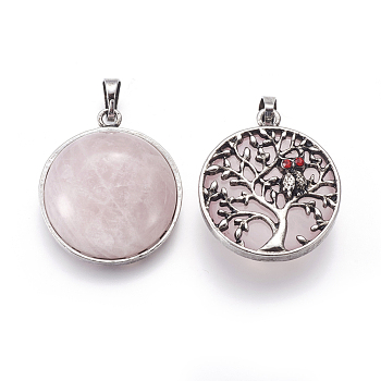 Pendentifs de quartz rose naturel, avec les accessoires en laiton et strass, demi rond avec arbre de vie et hibou, 31x27x10~11mm, Trou: 5x7mm