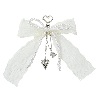 ABS Plastic Imitation Pearl & Polyester Pendant Decorations, with Brass Chain and Alloy Lobster Claw Clasps, White, 180mm