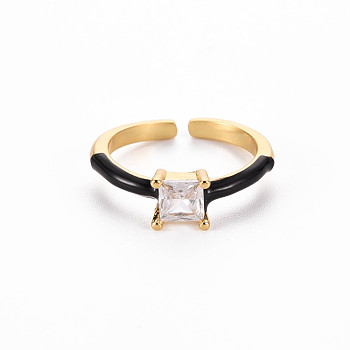 Brass Enamel Cuff Rings, Open Rings, Solitaire Rings, with Clear Cubic Zirconia, Nickel Free, Square, Golden, Black, US Size 7(17.3mm)