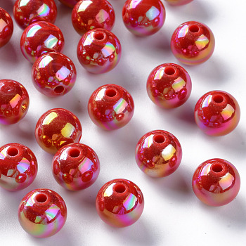 Opaque Acrylic Beads, AB Color Plated, Round, FireBrick, 12x11mm, Hole: 2.5mm