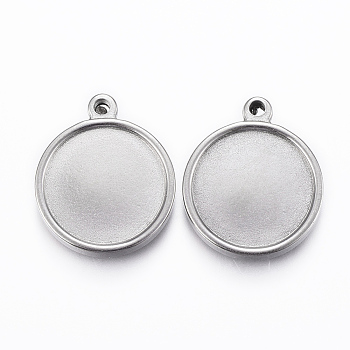 304 Stainless Steel Pendant Cabochon Settings, Flat Round, Stainless Steel Color, 21.5x18x3mm, Hole: 2mm, Tray: 15mm