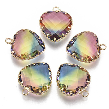 K9 Glass Pendants, Imitation Tourmaline, with Golden Tone Brass Findings, Faceted, Heart, Colorful, 20x16.5x8mm, Hole: 2mm