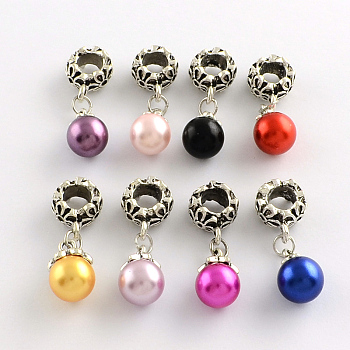 Alloy European Dangle Charms, with Round ABS Plastic Imitation Pearl, Antique Silver, Mixed Color, 31mm, Hole: 6mm