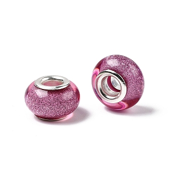 Large Hole Resin European Beads, with Silver Color Plated Brass Double Cores, Rondelle, Pearl Pink, 14x9mm, Hole: 5mm