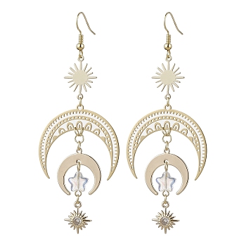 Moon & Sun Brass Dangle Earrings, Glass Star Long Drop Earrings, Golden, 89x33.5mm