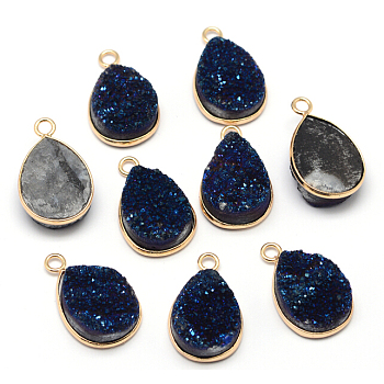 Electroplate Natural Druzy Crystal Charms, with Golden Tone Brass Findings, teardrop, Dyed, Midnight Blue, 18x12x3~5mm, Hole: 2mm