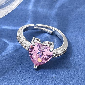 Brass Pave Cubic Zirconia Cuff Open Rings, Heart, Platinum, US Size 7 1/4(17.5mm)