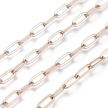 Ion Plating(IP) 304 Stainless Steel Cable Chains, Paperclip Chains, Drawn Elongated Cable Chains, Soldered, with Spool, Rose Gold, 9.7x4.2x0.9~1mm, about 32.8 Feet(10m)/roll