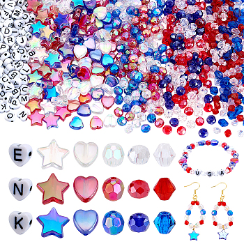Independence Day Theme DIY Beads Kits, including Acrylic Beads, Glass Beads, Mixed Color, 5~11x5~11x3~6mm Hole: 1~1.6mm, 1120pcs/set