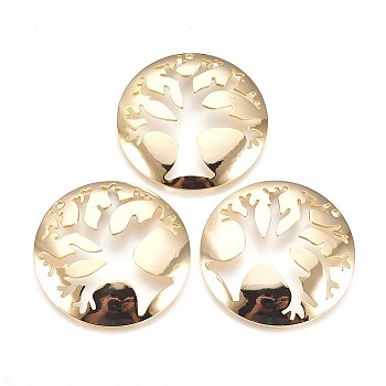 Brass Pendants, Nickel Free, Flat Round with Tree, Real 18K Gold Plated, 40x3mm, Hole: 2mm