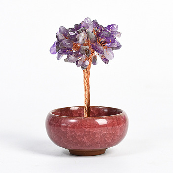 Natural Amethyst Chips Tree Display Decorations, with Random Color Porcelain Bowls, Copper Wire Wrapped Feng Shui Ornament for Fortune, 66x100~110mm