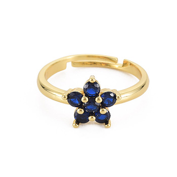 Glass Flower Adjustable Ring, Real 18K Gold Plated Brass Jewelry for Women, Cadmium Free & Lead Free, Dark Blue, US Size 7 1/4(17.5mm)