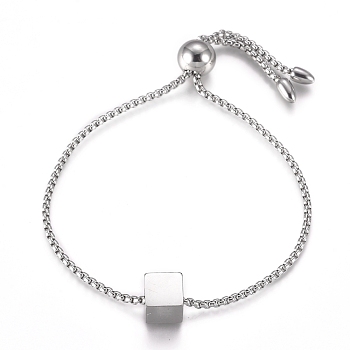 Adjustable Stainless Steel Bolo Bracelets, Slider Bracelets, with Box Chains, Cube, Stainless Steel Color, 11 inch(28cm)
