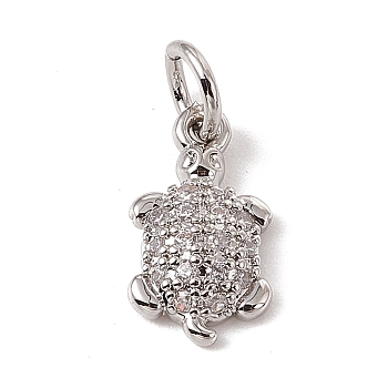 Brass Micro Pave Cubic Zirconia Charms, with Jump Ring, Tortoise Charm, Platinum, 13x7x2.5mm, Hole: 3mm