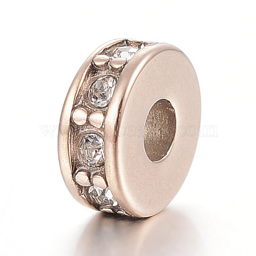 304 Stainless Steel Bead Spacers, with Rhinestone, Flat Round, Rose Gold, 7x3mm, Hole: 2.5mm(X-STAS-E425-043RG)