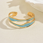 Vintage Stainless Steel Open Cuff Bangles for Women, with Enamel, Golden, Sky Blue, Inner Diameter: 2-3/8 inch(6cm)(UA0791-2)