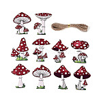 20Pcs UV Single Face Printed Wood Mushroom Pendant Decorations, Jute Rope Hanging Decorations, Laser Cut Wood Shapes, Mixed Color, 79~80x54~60x2mm, Hole: 2.5~2.8mm(WOOD-N020-12)