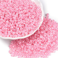 Glass Seed Beads, Ceylon, Round, Pink, 4mm, Hole: 1.5mm, about 4500pcs/pound(SEED-A011-4mm-145)