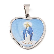 304 Stainless Steel Pendants, with Enamel, Heart with Saint Charm, Religion, Stainless Steel Color, 31x29x2mm, Hole: 9x5.5mm(STAS-H182-11A-P)