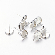Silver Color Plated Brass Earring Settings, Cadmium Free & Lead Free & Nickel Free, about 10mm wide, 12mm long, Tray: 8mm, Pin: 1mm(X-IFIN-Q006-S-NF)