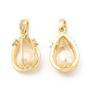 Brass Micro Pave Cubic Zirconia Pendants, with Pearl Beads, Teardrop Cage Charm, Real 14K Gold Plated, 17x10x8.5mm, Hole: 2x3mm(KK-I697-04G)