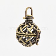 Vintage Filigree Round Brass Cage Pendants, For Chime Ball Pendant Necklaces Making, Antique Bronze, 34mm, 26x24x20mm, Hole: 6x6mm, 16mm inner diameter(KK-D389-15AB)