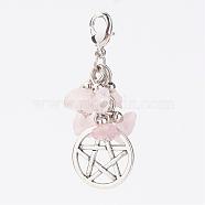 Natural Rose Quartz Chips Pendants, with Flat Round with Pentagram Pendants and Brass Lobster Claw Clasps, 46x17x8mm(HJEW-JM00260-01)
