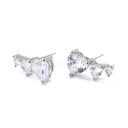 Heart Clear Cubic Zirconia Stud Earrings for Her, Cadmium Free & Lead Free, Platinum, 17x10.5x6mm, Pin: 0.7mm(EJEW-C002-12P-RS)